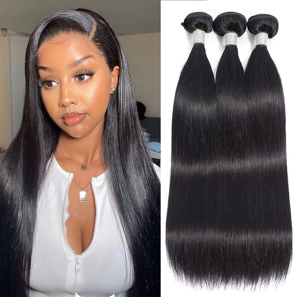 Brazilian Virgin Straight Human Hair Bundles 26 28 30 Inch Double Weft Long Silky Weave