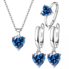 RSAMD 1Set Sweet Fashion Jewelry Sets Heart Zircon Pendant Necklace Drop Earrings Ring-Blue