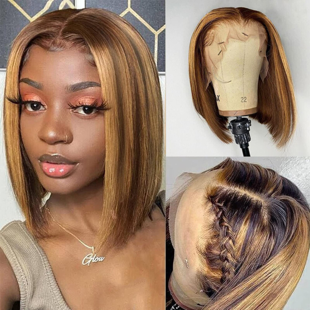Unisex Black Highlight Straight Short Bob Lace Front Human Hair Wig 13X1 T Part Pre Plucked Baby Hair 150% Density 14Inch