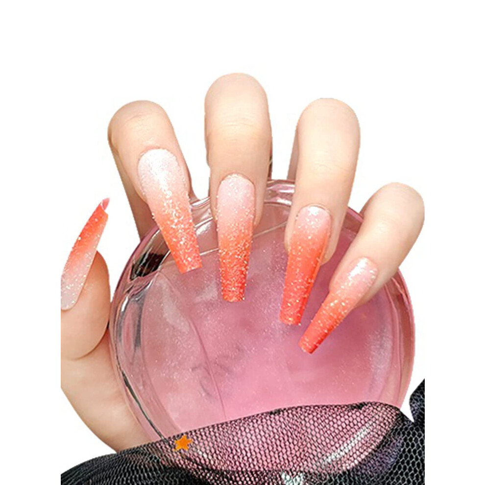 Orange Long Glitter False Nails With Glue, 24Pcs Glossy Press On Nails Set For Home And Salon Styling