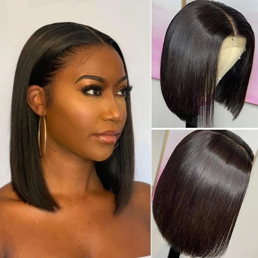 Unisex 8 Inch Brazilian Straight Bob Lace Front Wig Human Hair 150% Density Pre Plucked Bleached Knots