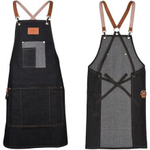 Arbeitsschürze, schwarze Denim-Canvas-Schürze für Herren, Schürze mit gekreuztem Rücken und Taschen, wasserdichte, strapazierfähige und