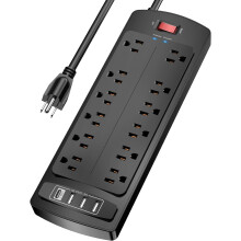 Listwa zasilająca przeciwprzepięciowa 10 stóp (1875 W/15 A) z 12 gniazdami, 4 portami USB, 2700 J, z certyfikatem ETL, czarna