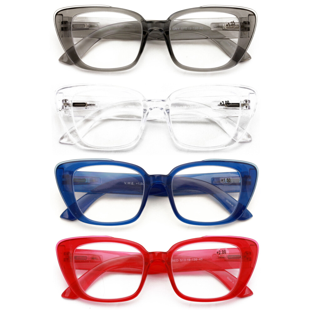 4 Pairs Women Oversize Transparent Reading Glasses - Spring Hinge Reader 7024 +2.50