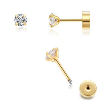Pendientes pequeños de circonita cúbica de 2 mm en oro de 14 quilates, pendientes planos con cierre de rosca, pendientes de hélix, pendientes de
