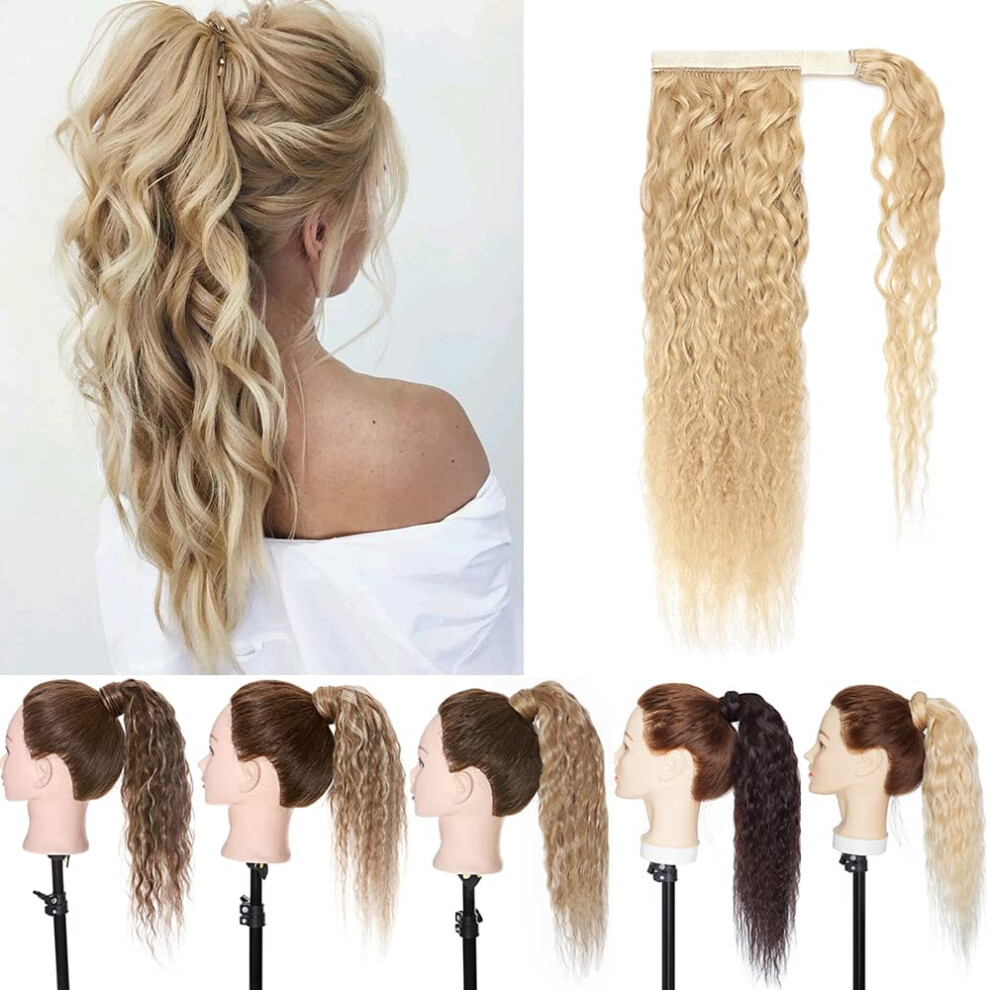 Human Hair Ponytail Extension 22 Inch Natural Blonde Corn Wave Wrap Around Clip In for Women