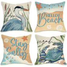 Sommerliche Strand-Kissenbezüge, 4er-Set (45 x 45 cm), Frühlingsmotiv mit blauem Reiher, Vogel und Krabbe, maritimes Outdoor-Kissen mit Seestern