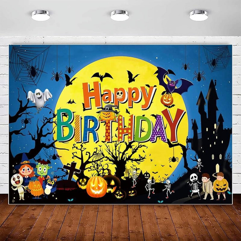 Halloween Happy Birthday Backdrop 7X5ft, Compatible With Moon Pumpkin Ghost Castle Theme, Kids Party Decorations, Photo Booth Background For Boys 9004841182063