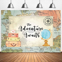 Fondo "La aventura te espera", decoración para fiestas temáticas de viajes, fondo de mapa del mundo para baby shower, cumpleaños, graduación -