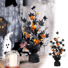 Décorations d'Halloween d'intérieur : citrouille, sapin artificiel noir avec citrouille, feuille d'érable et chauve-souris, centre de table pour