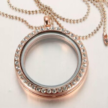 RSAMD 30mm Living Memory Floating Charms Glass Locket Pendant Necklace With Chain Xmas-Round Crystal-Rose Gold