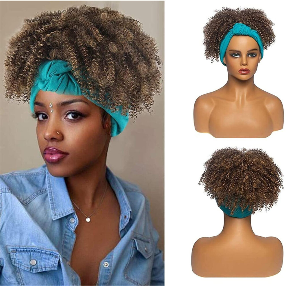Unisex Black Headwrap Wig For Women Short Afro Kinky Curly Wig With Turban, Heat Resistant Synthetic Hair