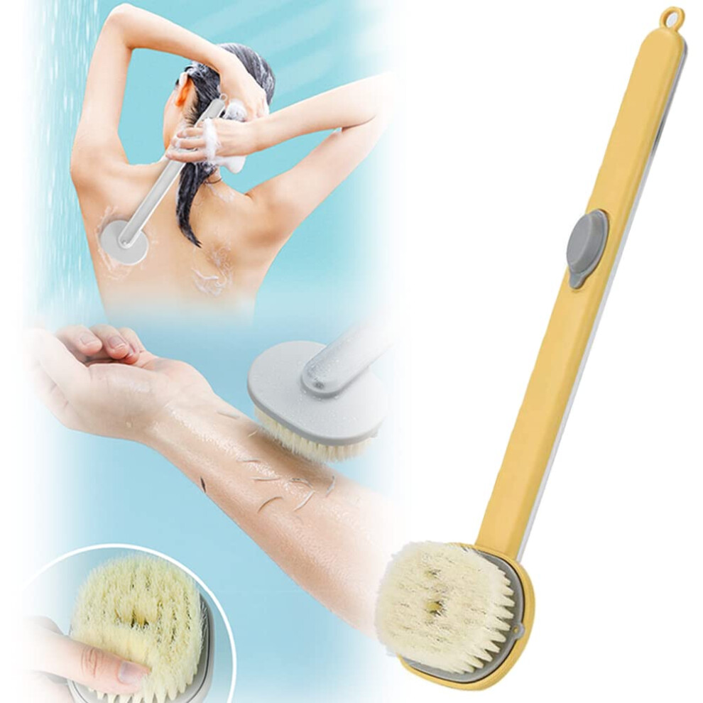 Back Scrubber with Long Handle Shower Brush, Detachable Natural Bristles, Soap Dispensing Yellow