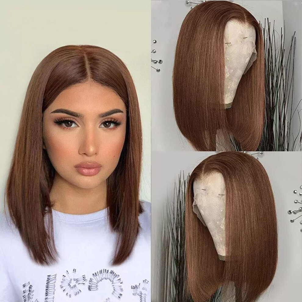 Unisex Brown Bob Wig Human Hair 13X4 Lace Front Straight Brazilian Remy, Preplucked, 150 Density, 14 Inch