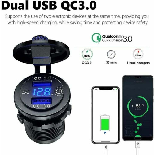 Φορτιστής Αυτοκινήτου Αλουμινίου με Quick Charge3.0, Διπλές Θύρες USB, Βολτόμετρο LED για 1