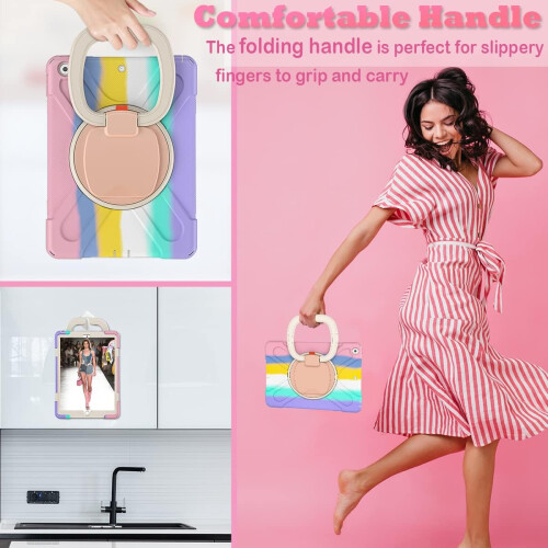 Capa resistente a impactos para iPad de 10,2 polegadas, suporte giratório 360 robusto com protetor de tela transparente para crianças e mulheres, 2
