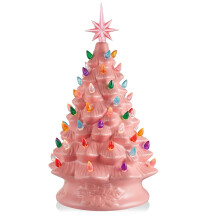 Hand Painted Ceramic Christmas Tree, Pink 15-Inch Pre-Lit Tree with 128 Multi Color Lights and 2 Star Toppers for Home, Indoor, Bedroom