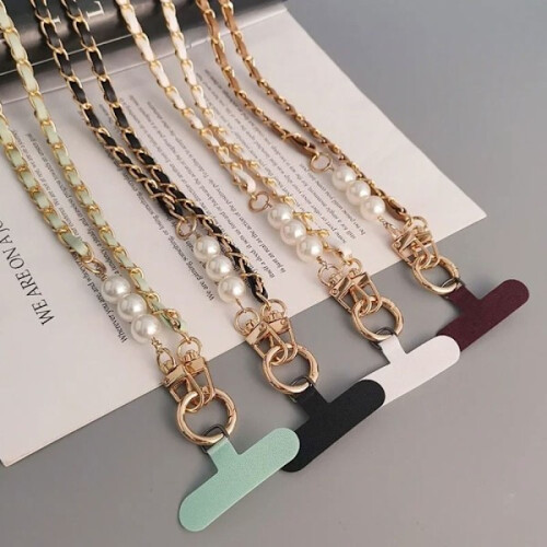 Cordão transversal para celular com pérolas, modelo Pickup Chain, cor branca (VIT). 2