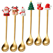 6-teiliges Weihnachtsgeschirr aus Edelstahl, Dessertlöffel, Kaffeelöffel (Weihnachtspuppen-Set, goldene Löffel, sechsteilig, rote Schachtel)