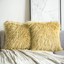 Phantoscope Merino Style Faux Fur Series Decorative Throw Pillow, 18" x 18", Yellow, 2 Pack