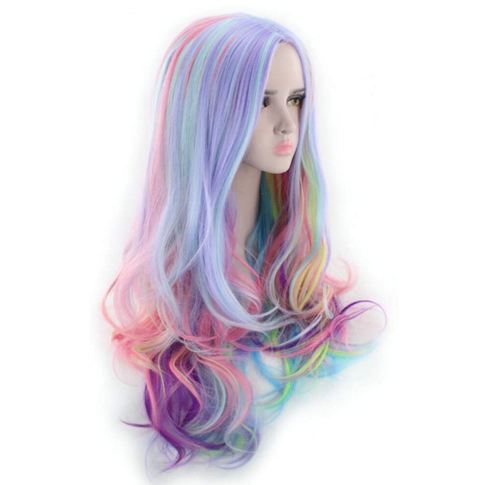 Colorful Long Wave Wig with Pastel Curly Style for Women Mermaid Cosplay and Halloween Party