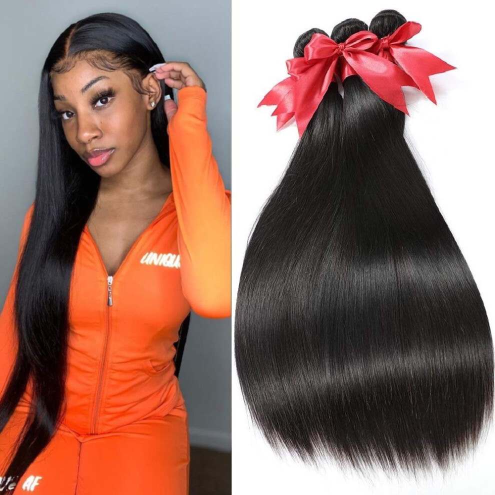 Unisex 10A Brazilian Straight Hair Bundles 16 18 20 Virgin Human Hair Extensions Double Weft