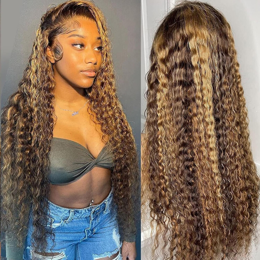 Unisex 13X6 Water Wave Human Hair Lace Front Wig, Pre Plucked Highlight Ombre Brazilian Virgin Hair