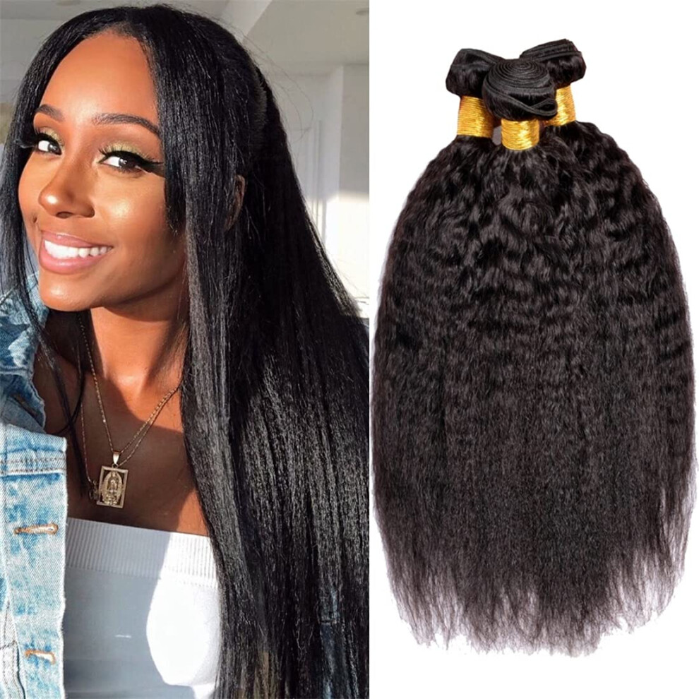 Unisex Black Brazilian Yaki Straight Human Hair Bundles 3 Pack 16 Inch 10A Virgin Kinky Straight Weave Natural
