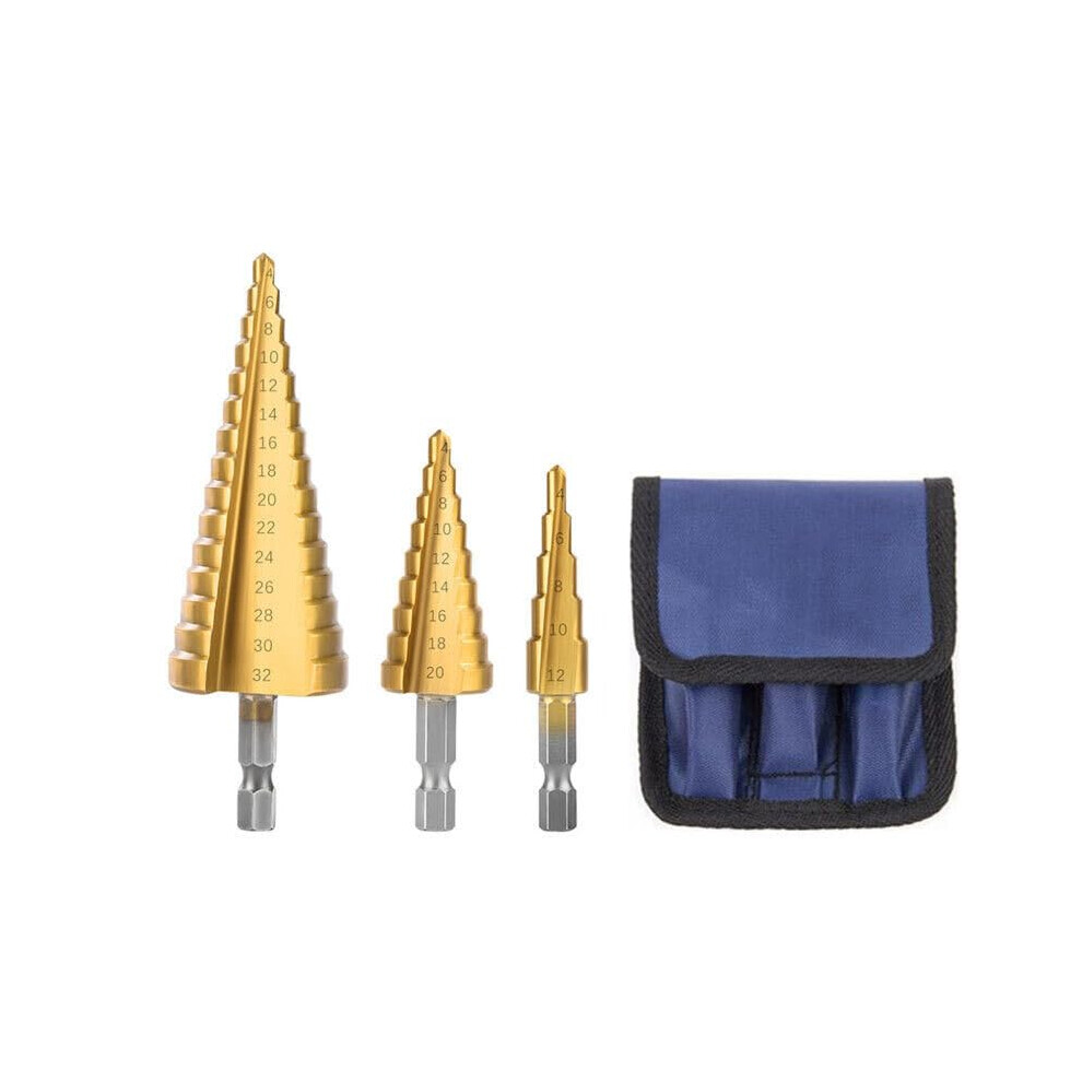Step Drill Bit Set 3Pcs Hss Titanium Coated Multisize 412/20/32Mm For Metal Diy And Professional Use 9365369105683