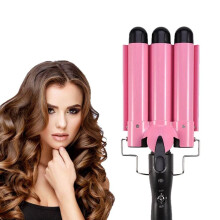 Three Barrel Curling Iron Hair Waver with Adjustable Temperature Ceramic Tourmaline Fast Heating Pink