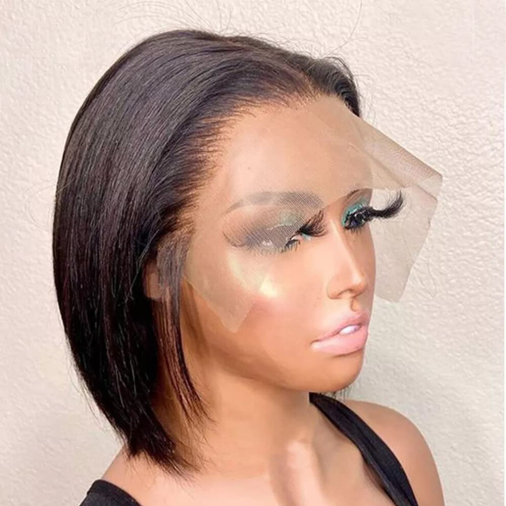 Unisex Black Human Hair Lace Front Bob Wig Short Brazilian Virgin Hair 4X4 Lace Closure Pre Plucked Natural Hairline