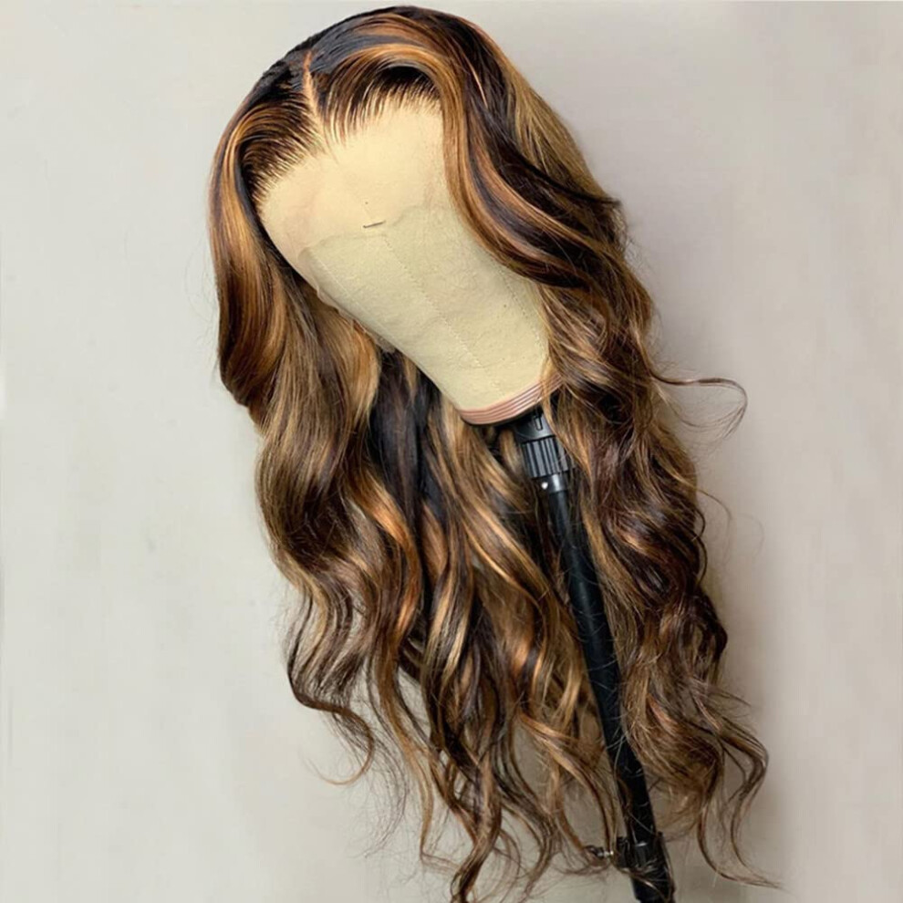 Unisex Honey Blonde Highlight 13X4 Hd Lace Body Wave Wig Preplucked Glueless Virgin Brazilian Human Hair 24 Inch