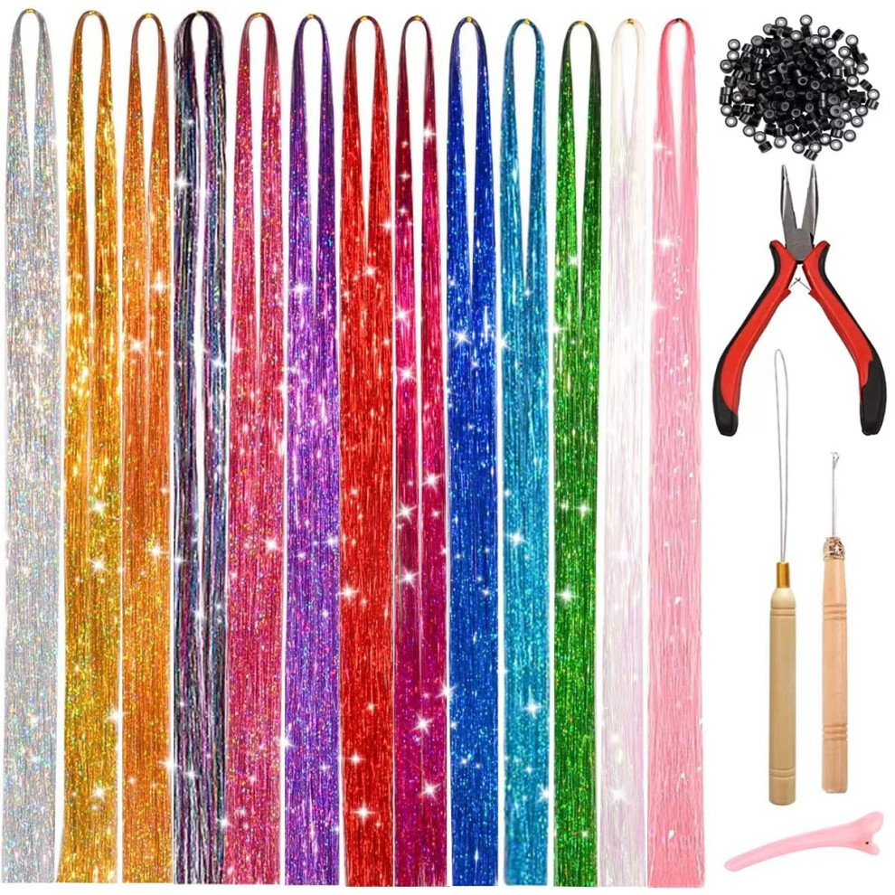 Hair Tinsel Kit 47 Inch Extra Long Strands 13 Colors Heat Resistant Fairy Hair Extensions for Women