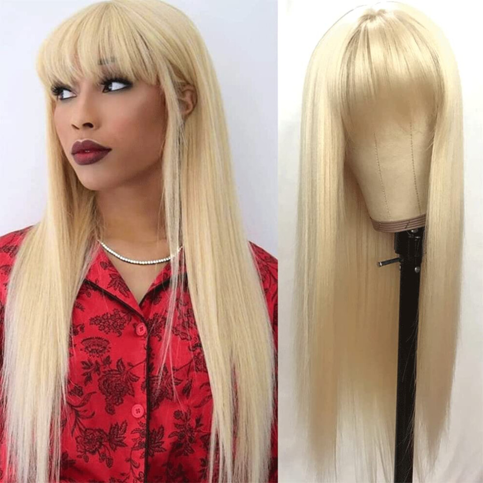 613 Blonde Long Straight Synthetic Wig with Bangs for Women, 24 Inch Heat Resistant Natural Look
