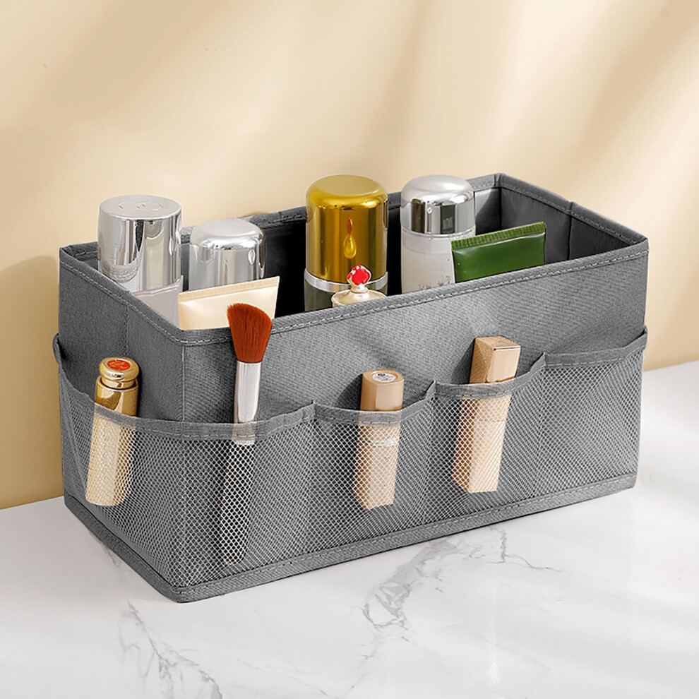 Grey Foldable Cosmetic Storage Box With Mesh Pockets, Large Capacity Organizer For Makeup, Brushes, Liquids, Pens & More - Compatible With Susuchens
