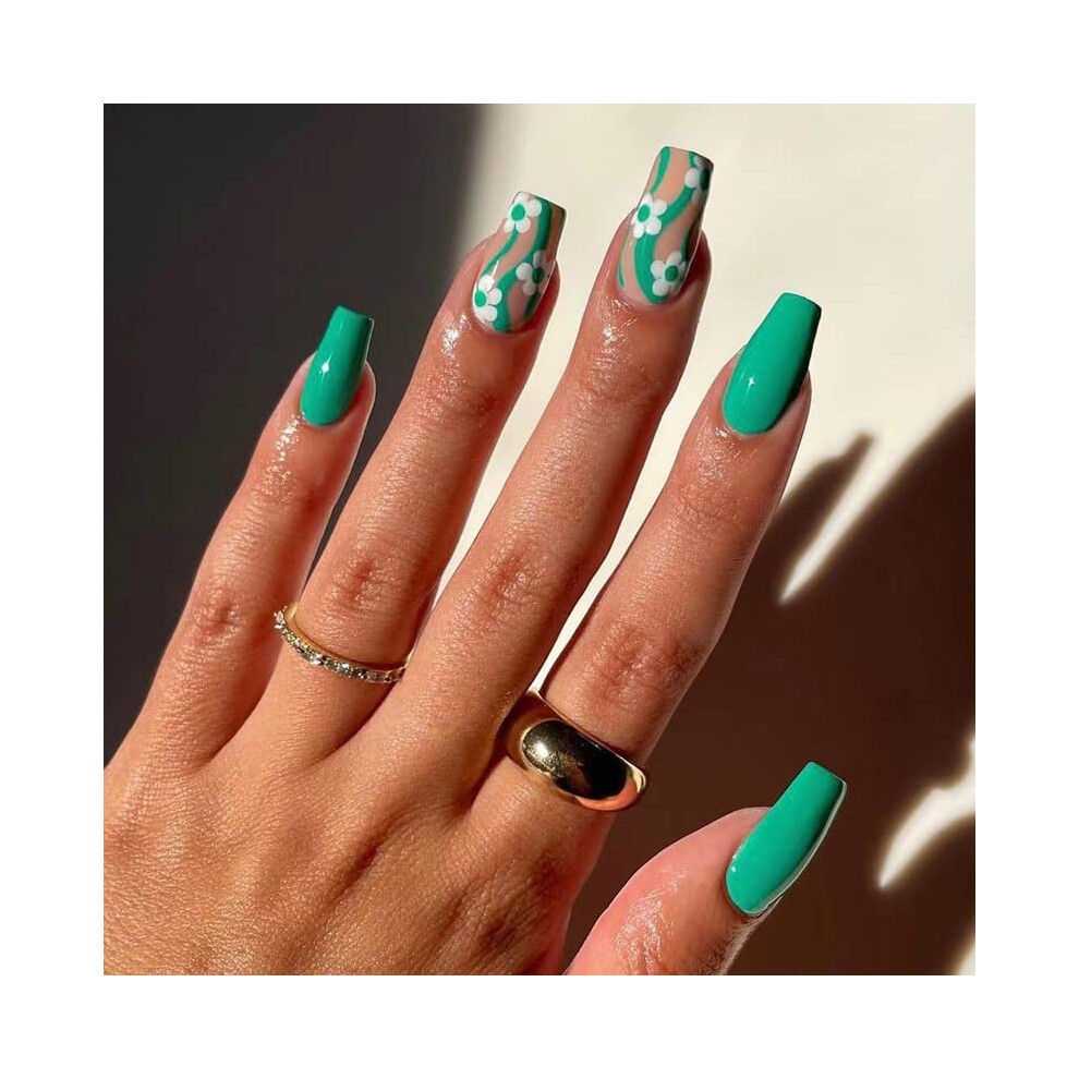 Green 24Pcs Coffin Fake Nails With Glue Press On Nails Set Reusable False Tips For Nail Art