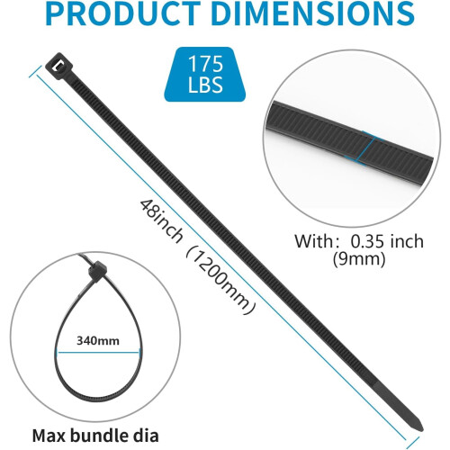 25 abraçadeiras de nylon de 122 cm (48 polegadas) de comprimento, resistentes e com força de tração de 81 kg (180 libras). Abraçadeiras 1