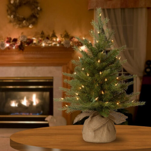 2ft Pre-lit Artificial Mini Christmas Tree with LED Lights, Battery Operated Xmas Pine Tree, Burlap Base for Table Decor 1