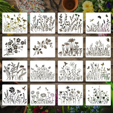 16 plantillas reutilizables con flores de cerezo y enredaderas para pintar sobre madera.