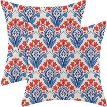 Marinblå örngott med blocktryck, 4 juli, 40x40 cm, set om 2, bohemisk blommig sommardekoration för utomhusbruk, röda örngott i linne med