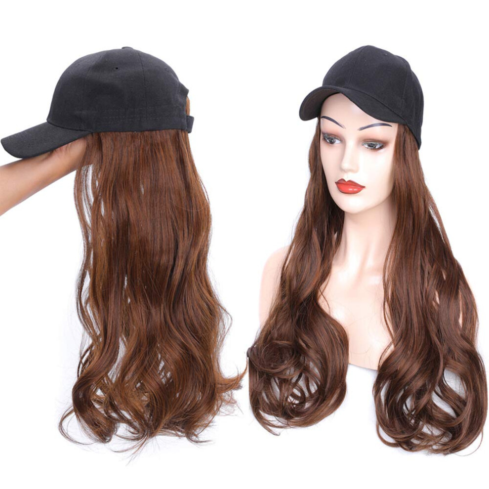 24 Inch Light Brown Synthetic Wig with Hat, Adjustable Cotton Baseball Cap with Long Wavy Hair Extension