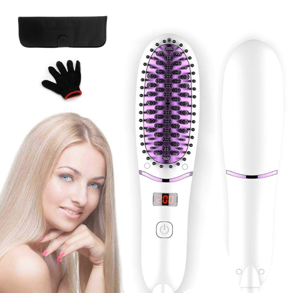 Purple/White Hair Straightening Brush With Ionic Technology And Led Display, Dual Voltage Tourmaline Ceramic Comb For Travel