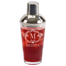 Coctelera vintage personalizada con inicial y nombre en fondo de cristal