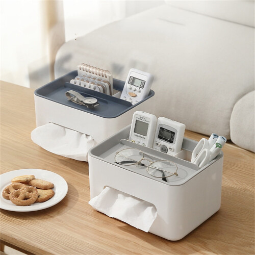 COM1950s Tissue Box Cover, Rectangular Multifunction Holder Case Compatible with Remote Control, Desk Storage Dispenser for Facial Tissues