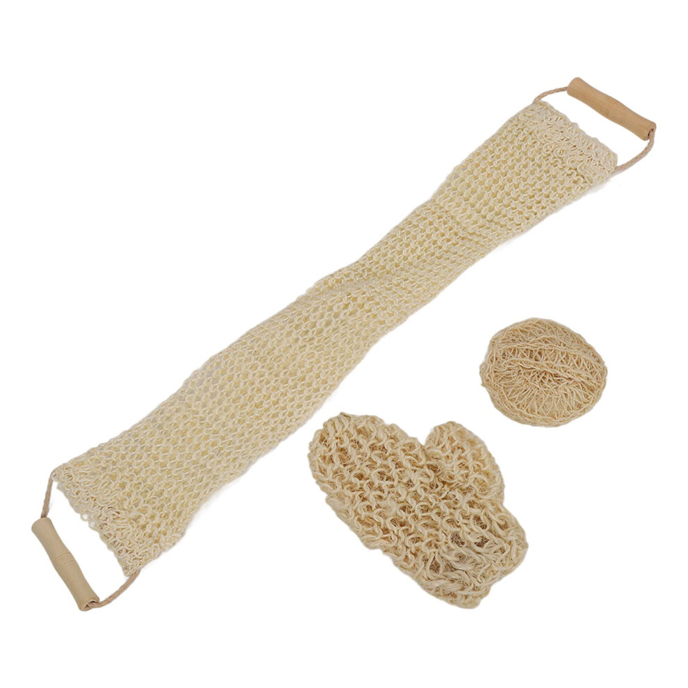 3pcs Natural Sisal Back Scrubber Set with Glove and Sponge for Deep Cleansing and Exfoliation