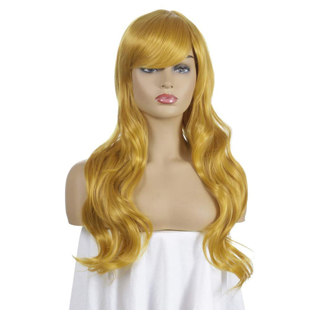 Unisex Light/Golden 70Cm Long Wavy Cosplay Wig With Bangs Synthetic Anime Style For Women