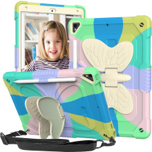 Hoes met vlinderstandaard voor iPad 10.2, schokbestendige bumperhoes met verstelbare riem voor gemakkelijk dragen, stevige bescherming voor kinderen.