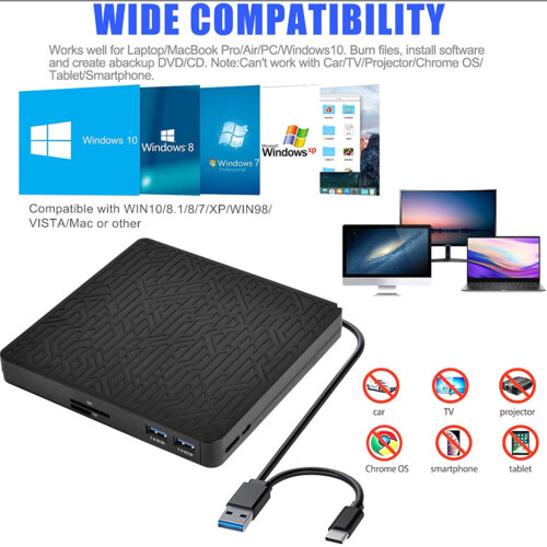 External Blu Ray Drive, Portable Blu Ray Player with USB 3.0 Type-C Interface, Multifunction Blu Ray Drive Compatible with Laptop MacBook Pro 2