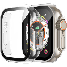 Ultratynn Apple Watch-beskytter for 49 mm-modellen, høytransparent skjermbeskytter i herdet glass, innebygd deksel, slitesterk hard PC-støtfanger