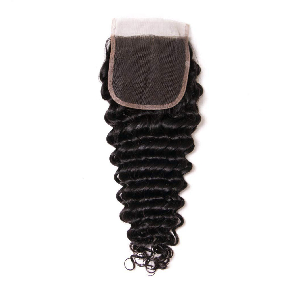 Unisex Brazilian Deep Wave Lace Closure 4X4 Virgin Remy Human Hair Natural Color 8 Inch With Natural Hairline